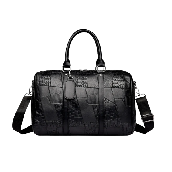 Artisan Quilted Geometric Travel Duffle Bag - Black PU Leather