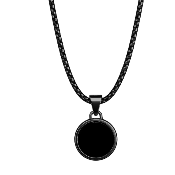 Black Minimalist Round Pendant Necklace High-Gloss Stealth Circle Charm with Matching Box Link Chain